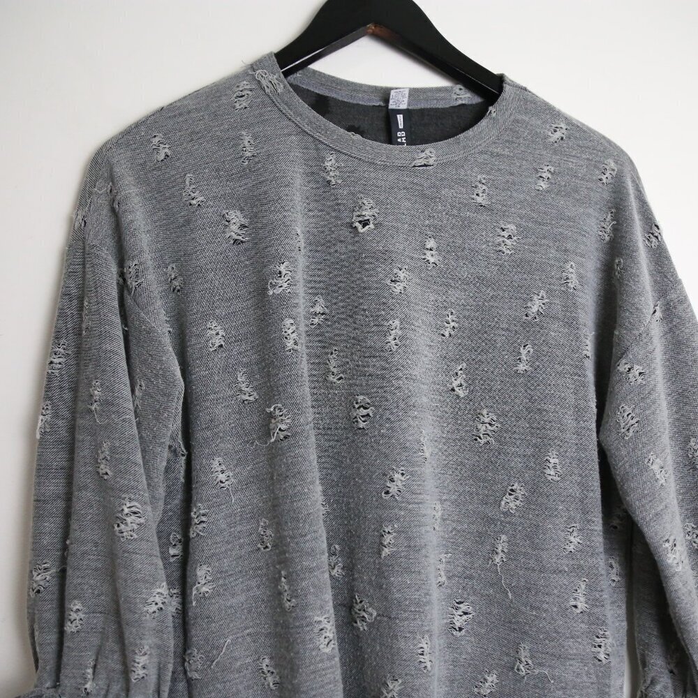 Design Lab Distressed Tie-Sleeve Pullover Sweater Top Grey Size Small - Picture 2 of 8